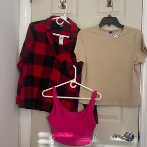 Old Navy Red Plaid Flannel Shirt/ PJ top, Pink Sports Bra, & Beige Tee 3 in 1